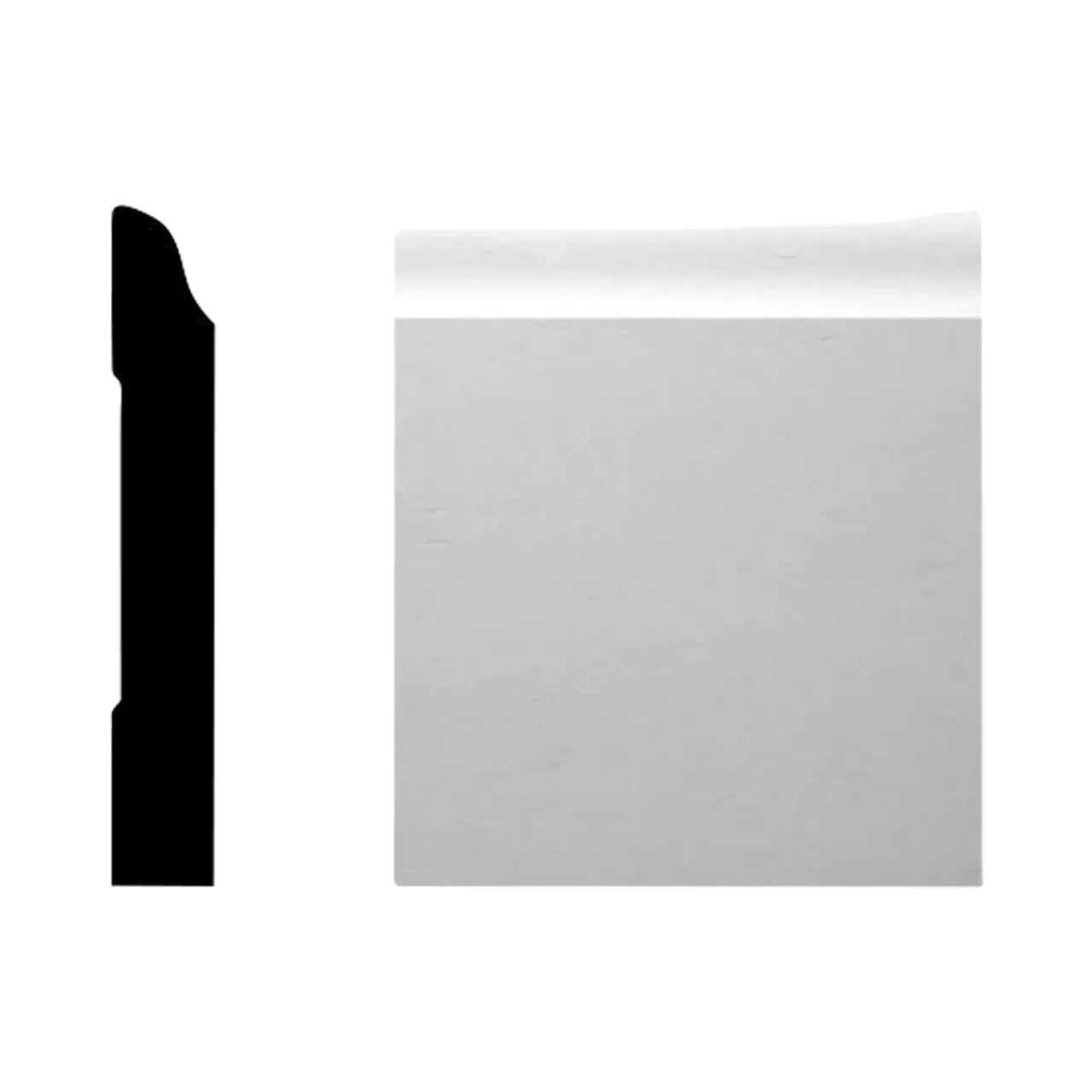 A 9/16 in. x 3-1/2 in. x 144 in. Pine Primed Finger-Jointed Base Molding by Go Build, The Fastest Way To Build, is shown alongside its solid black side-profile silhouette against a plain white background.